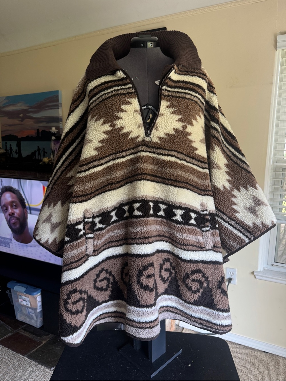 a.n.a Brown & Cream Aztec-Pattern Sherpa Half-Zip Pullover